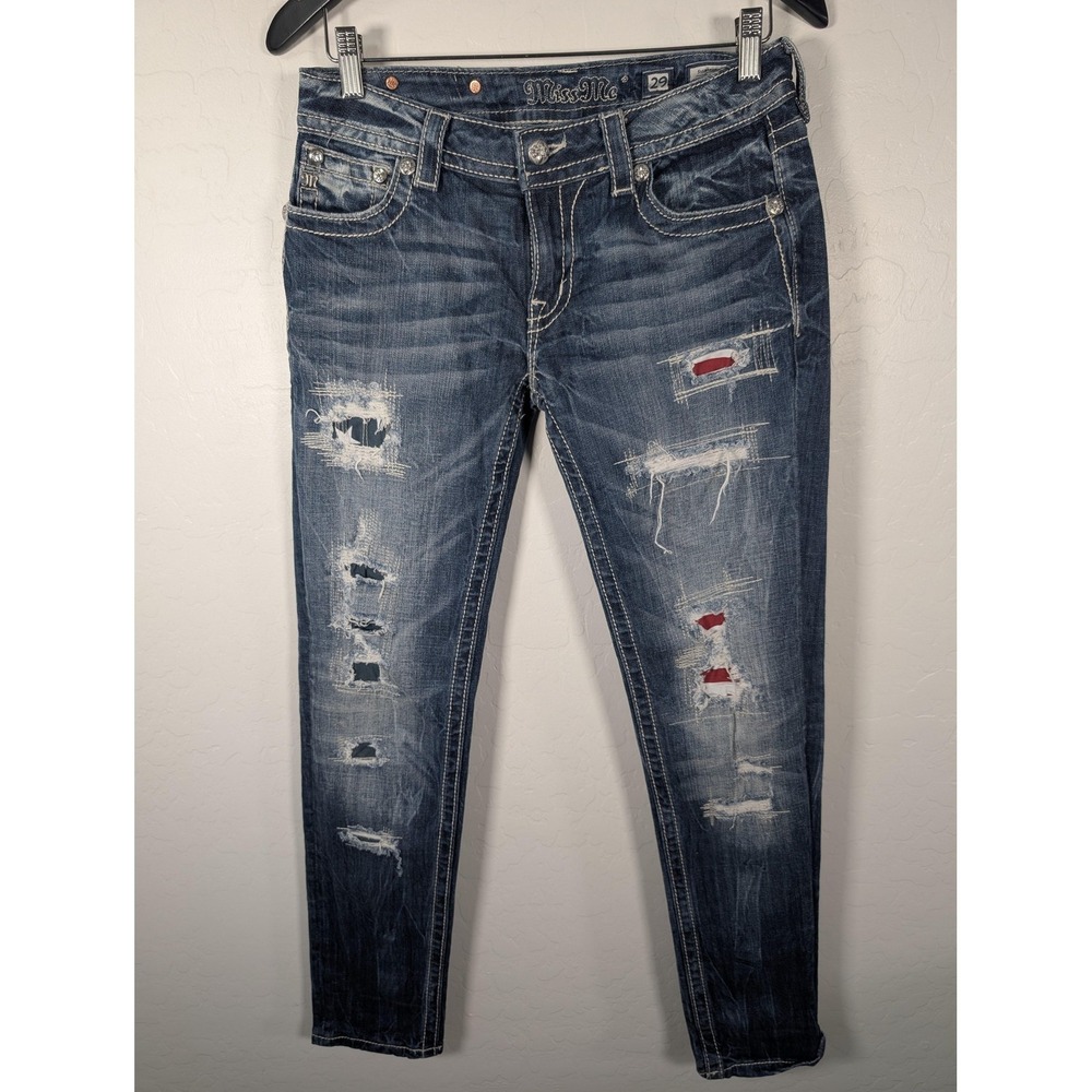 Miss Me Distressed Skinny Jeans in Dark Blue with Red Patch Accents